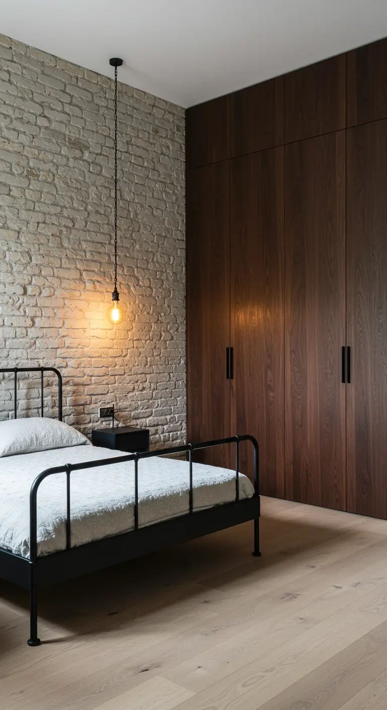 Chambre de style industriel avec mur de briques, lit en métal noir et parquet clair.