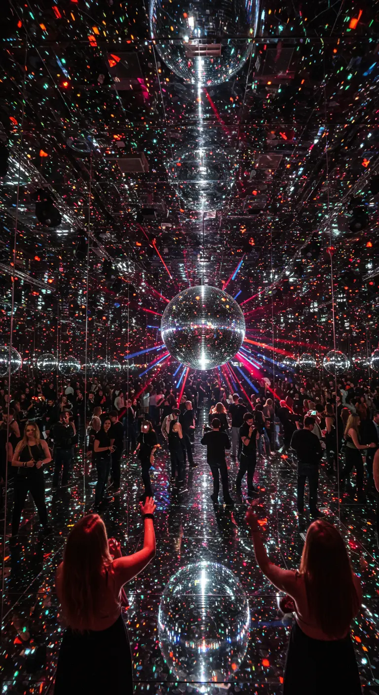 Une pièce entièrement recouverte de miroirs reflétant une boule à facettes et des fêtards.