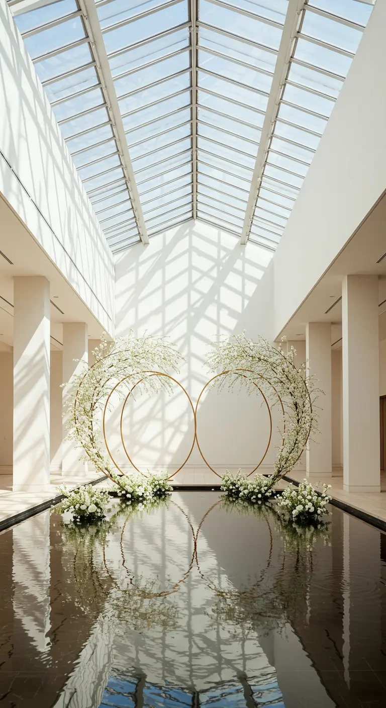 Double arche circulaire dorée au bord d'un bassin, se reflétant dans l'eau.