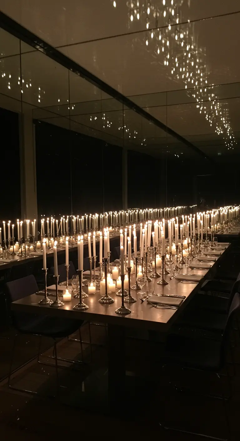 Table de dîner avec des dizaines de bougies dont les flammes se reflètent dans un miroir.