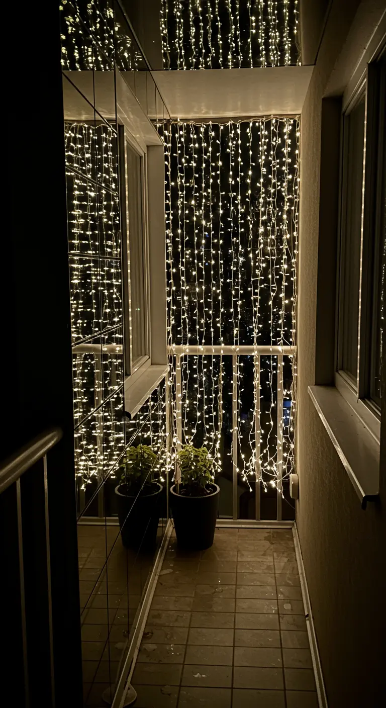 Mur de miroirs sur un balcon reflétant un rideau de guirlandes lumineuses.