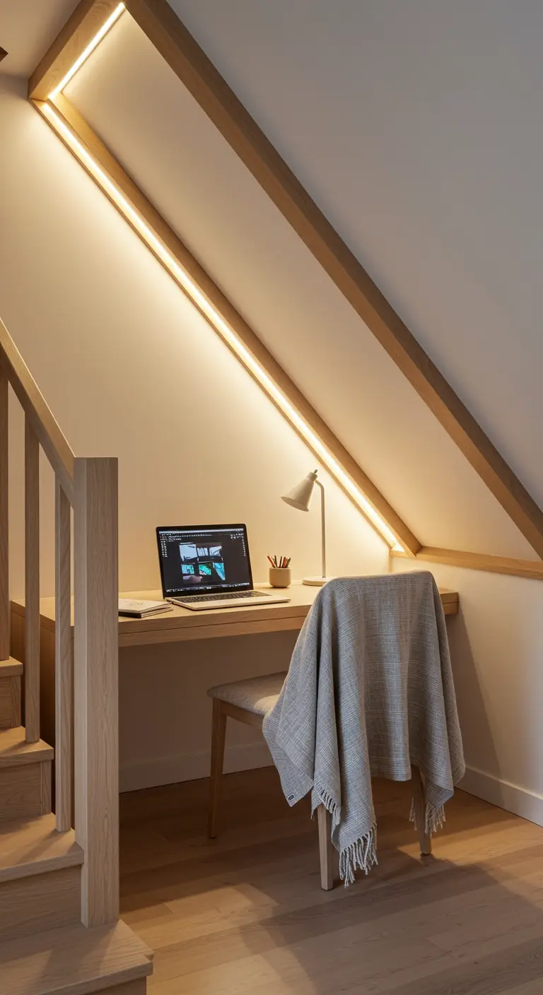 Bureau aménagé sous un escalier en bois, éclairé par des bandes LED intégrées.