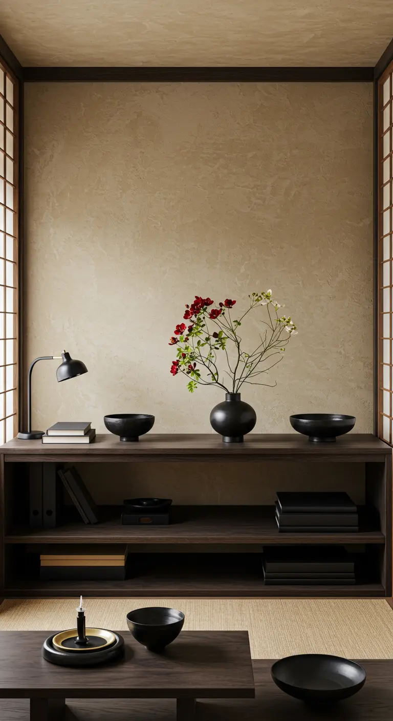 Console basse en bois sombre servant de bureau, avec de la céramique noire et un arrangement floral.