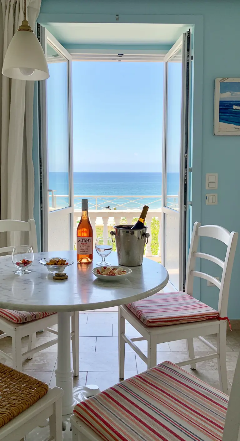 Petite table de bistrot blanche avec du vin rosé, un seau à glace et des coussins rayés.