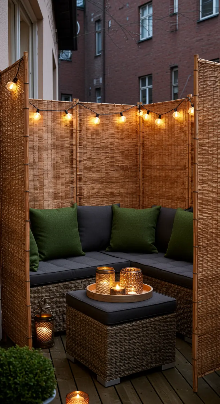 Coin salon sur un balcon délimité par des paravents en osier, avec coussins verts.