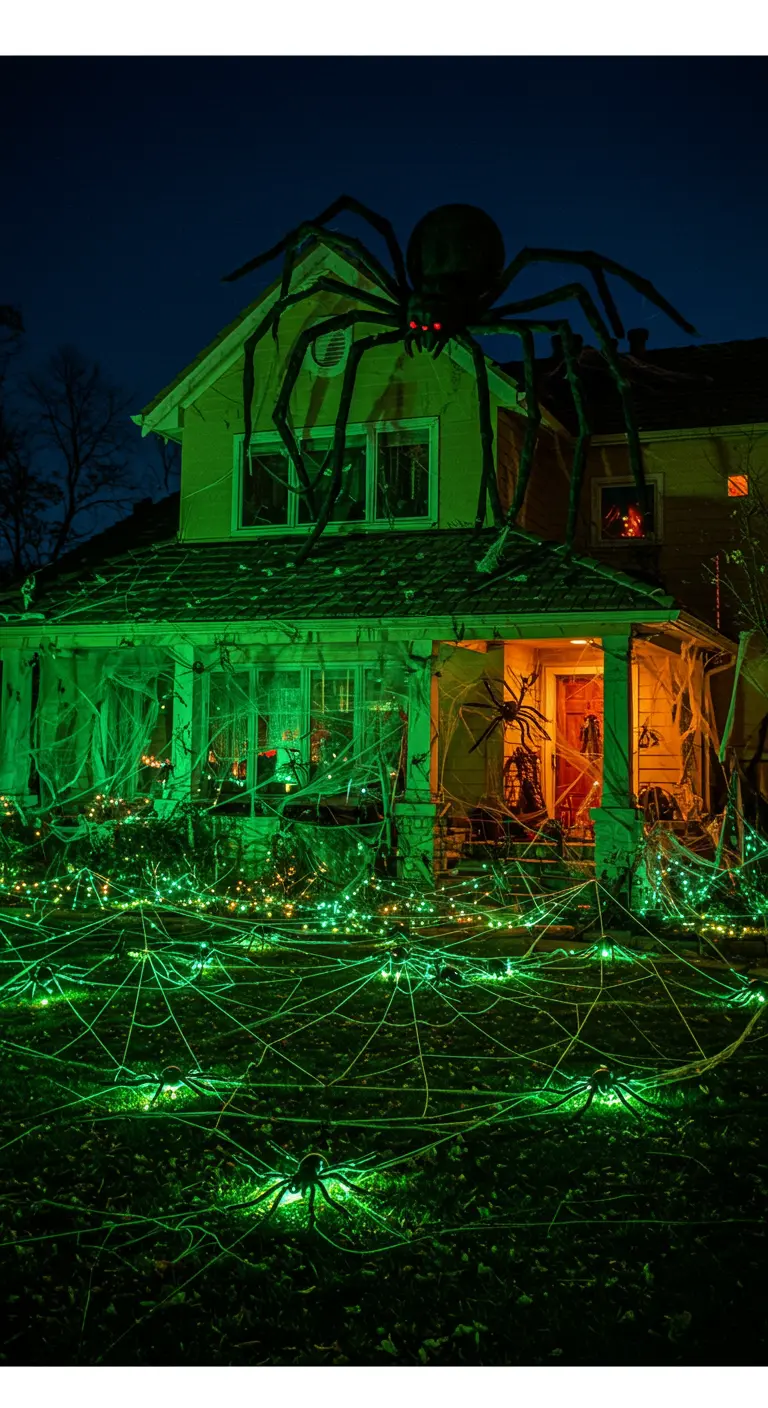 Maison entièrement décorée avec une araignée géante et des toiles éclairées en vert.