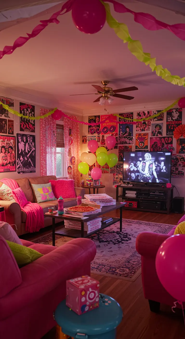 Salon surchargé de posters de rock et de ballons roses.