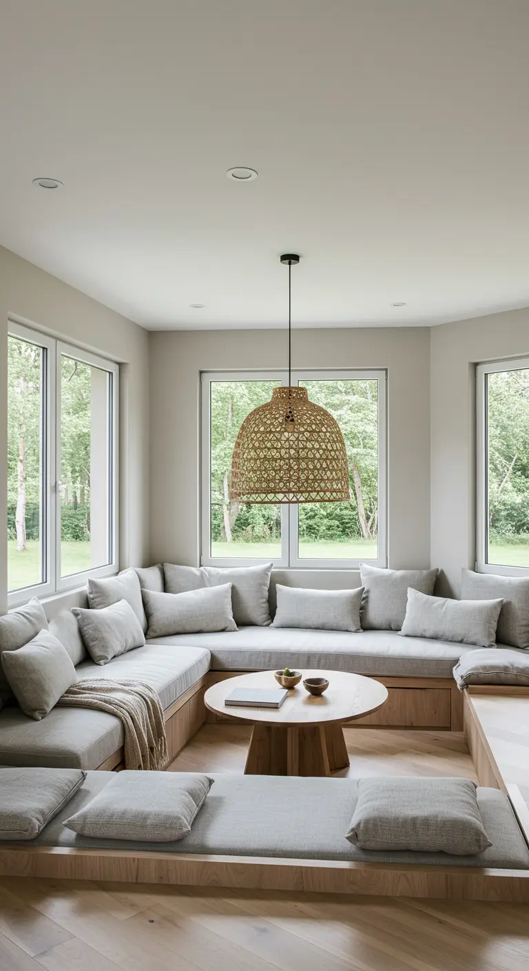 Salon avec une grande banquette d'angle intégrée et une suspension en rotin.