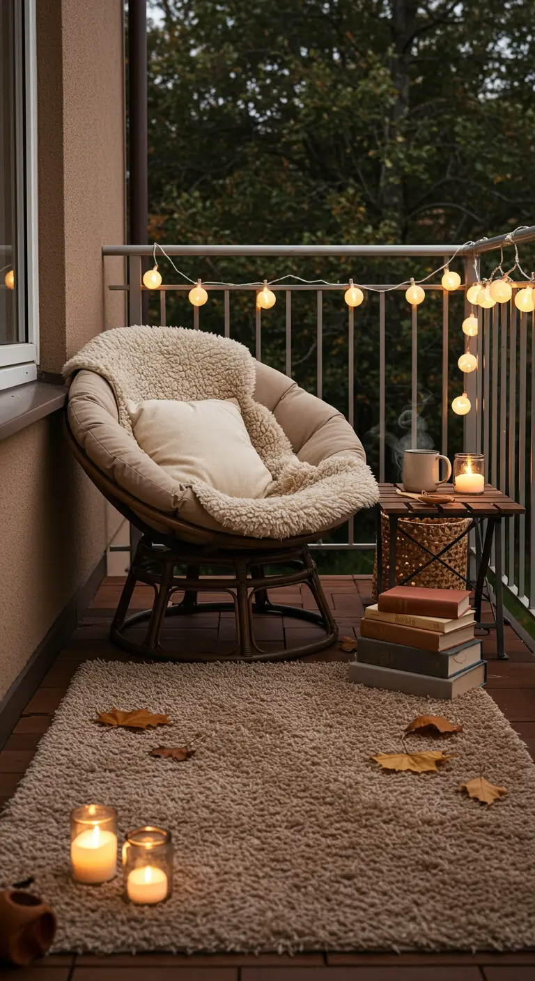 Petit balcon avec fauteuil papasan, tapis épais, bougies et guirlande lumineuse.