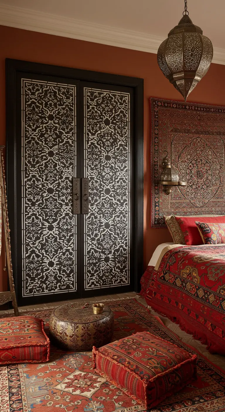 Portes de placard noires avec un motif complexe de carrelage marocain blanc réalisé au pochoir.