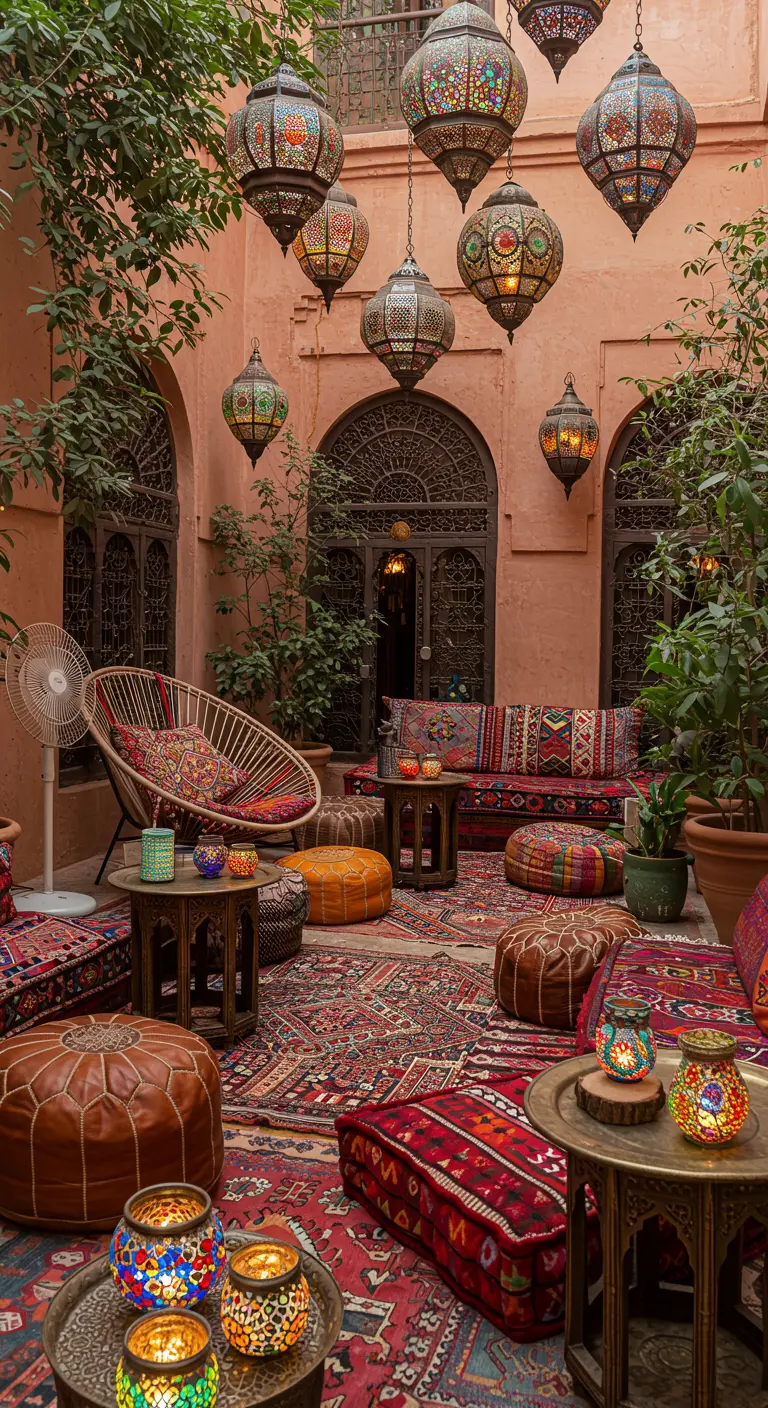 Cour marocaine avec de multiples lanternes suspendues, tapis colorés, poufs en cuir et plantes exotiques.