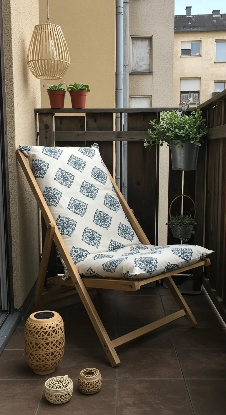 Chaise longue en bois avec un coussin à motifs bleus et blancs.