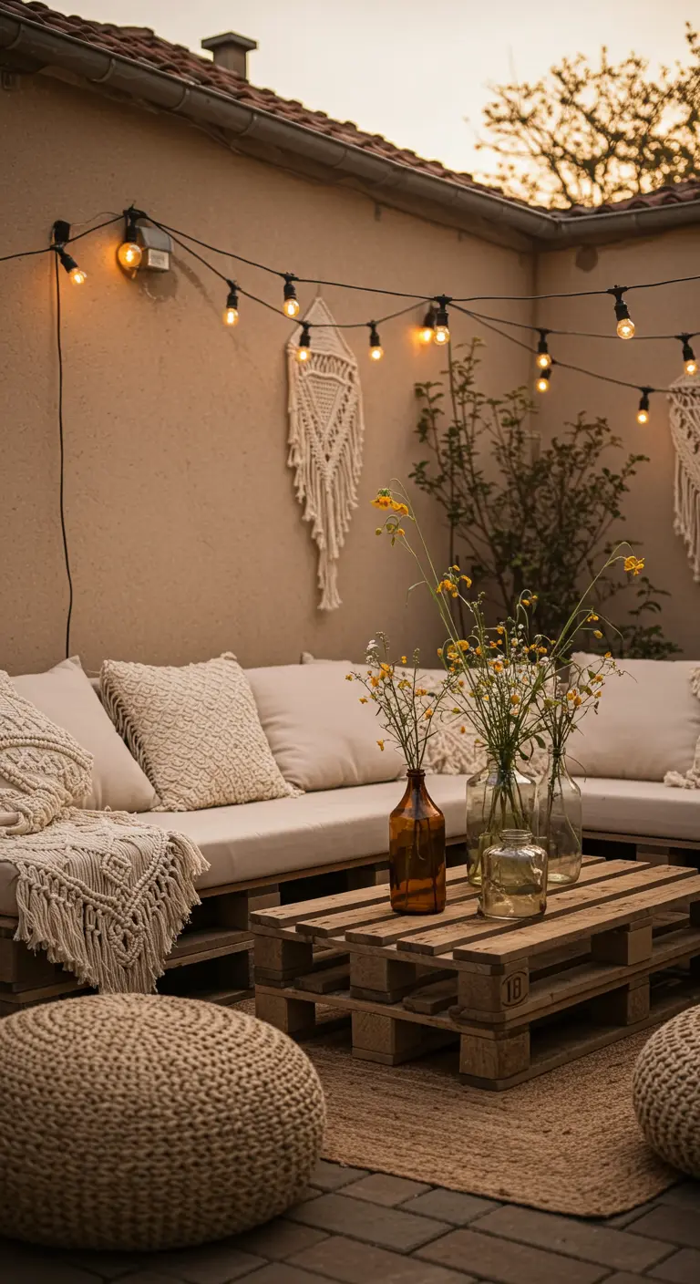 Canapé d'angle en palettes avec coussins beiges et guirlandes lumineuses.