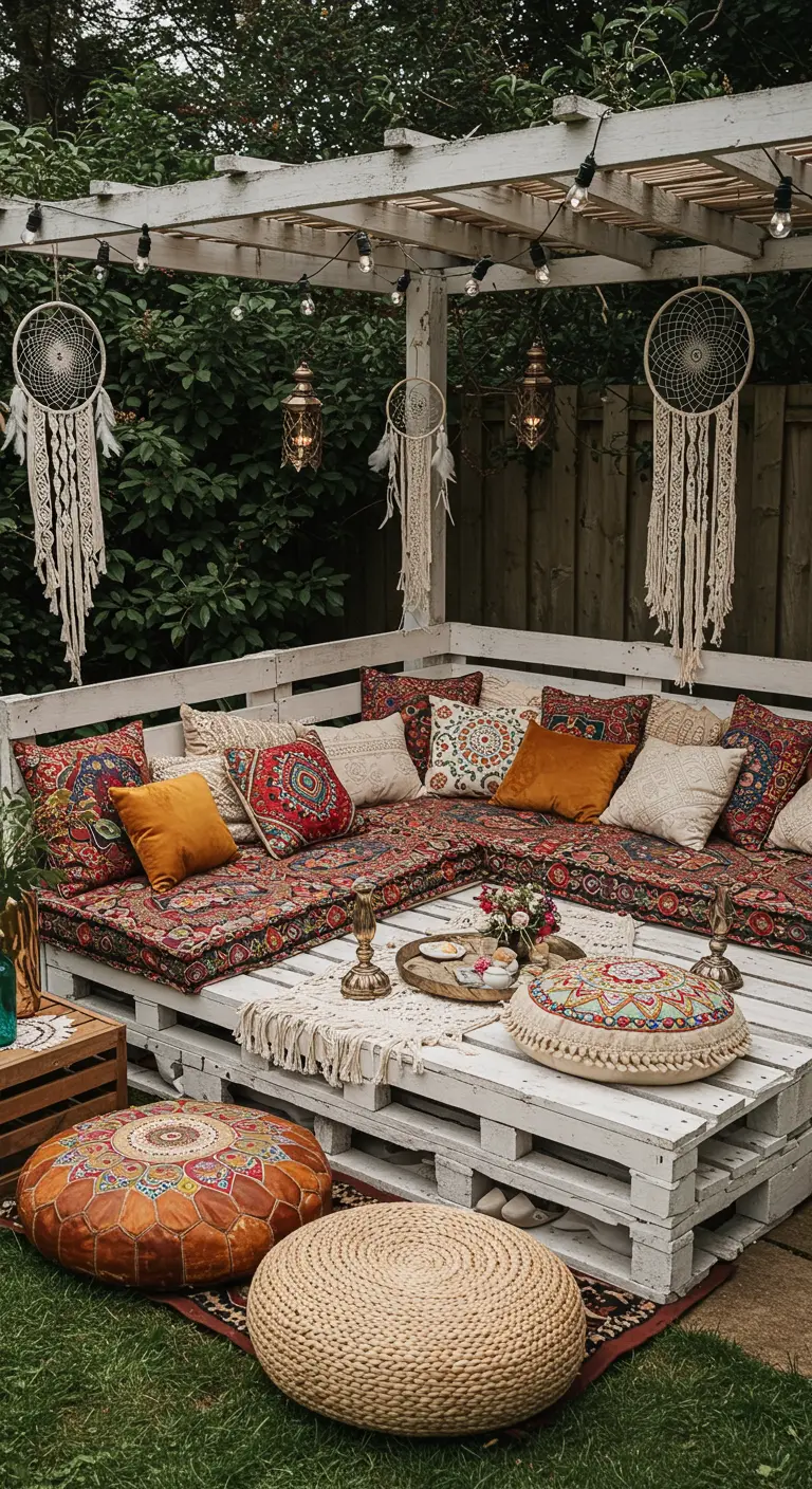 Banquette en palettes peintes en blanc avec coussins colorés et attrape-rêves dans un jardin bohème.