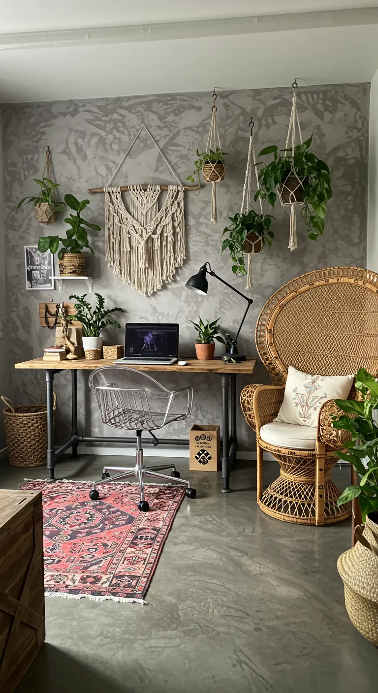 Bureau d'inspiration bohème avec macramé, fauteuil paon en rotin et nombreuses plantes.