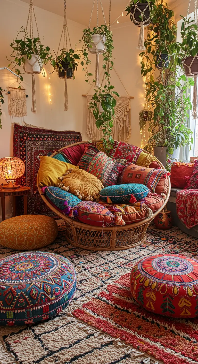Fauteuil papasan en rotin avec coussins colorés, plantes et tapis superposés.