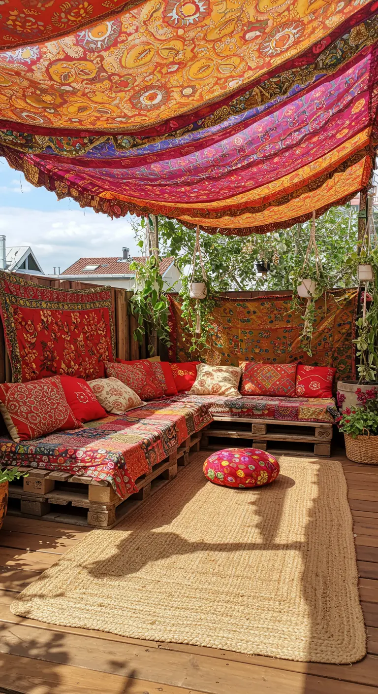 Salon de jardin en palettes avec de nombreux coussins colorés sous un auvent en tissu