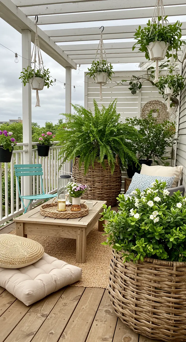 Balcon de style bohème avec des paniers en osier, des plantes suspendues et des coussins au sol.