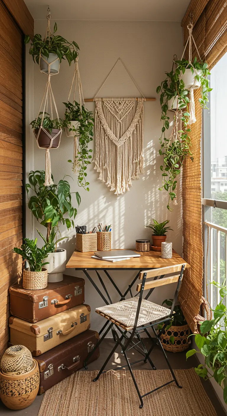 Coin bureau sur un balcon avec des plantes suspendues et une décoration bohème.