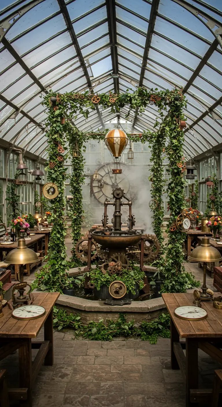 Serre décorée dans un style Steampunk avec fontaine à engrenages, plantes grimpantes et montgolfière miniature.