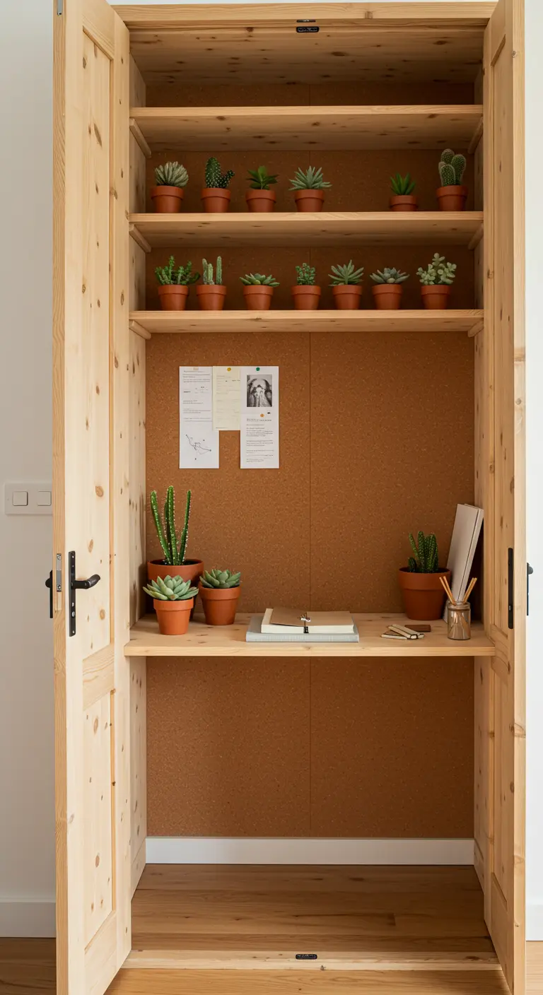 Bureau en bois clair et liège dans un placard, décoré de nombreuses plantes succulentes.