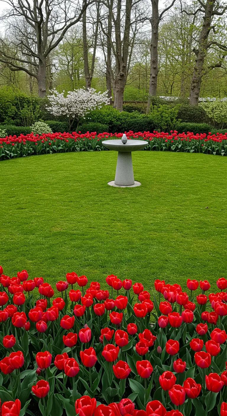 Bain d'oiseaux en pierre au centre d'une pelouse entouré de tulipes rouges.