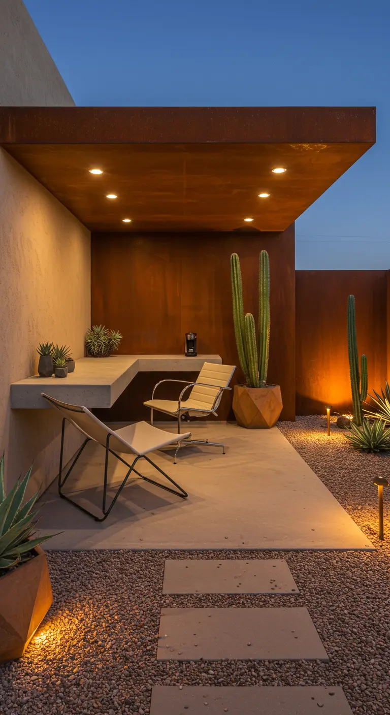 Bureau d'extérieur moderne en béton sous un auvent rouille, entouré de cactus et de lumière douce.