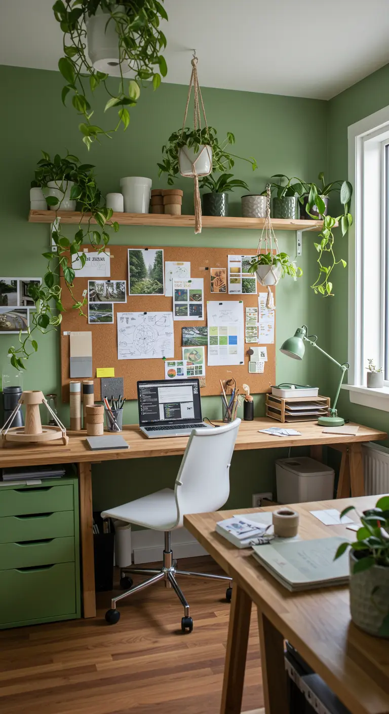 Bureau lumineux aux murs verts, rempli de plantes d'intérieur et de matériaux naturels.