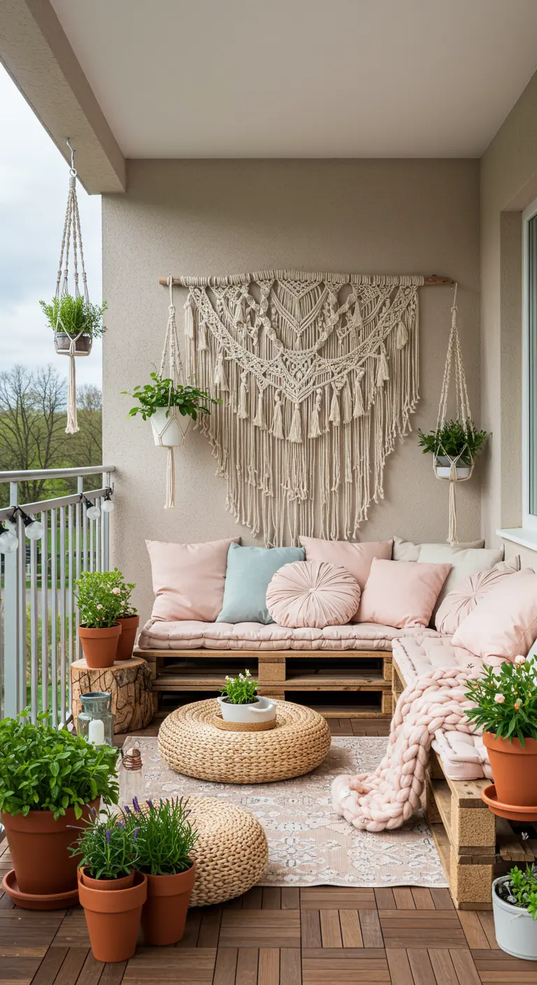 Balcon de style bohème avec un grand macramé mural, un canapé en palettes et des plantes.