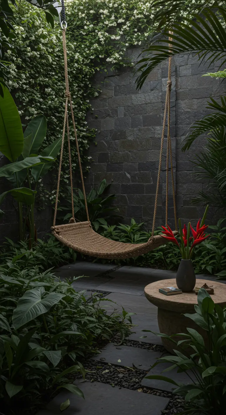 Balançoire en fibres naturelles dans un jardin ombragé avec murs de pierre sombre et fougères.