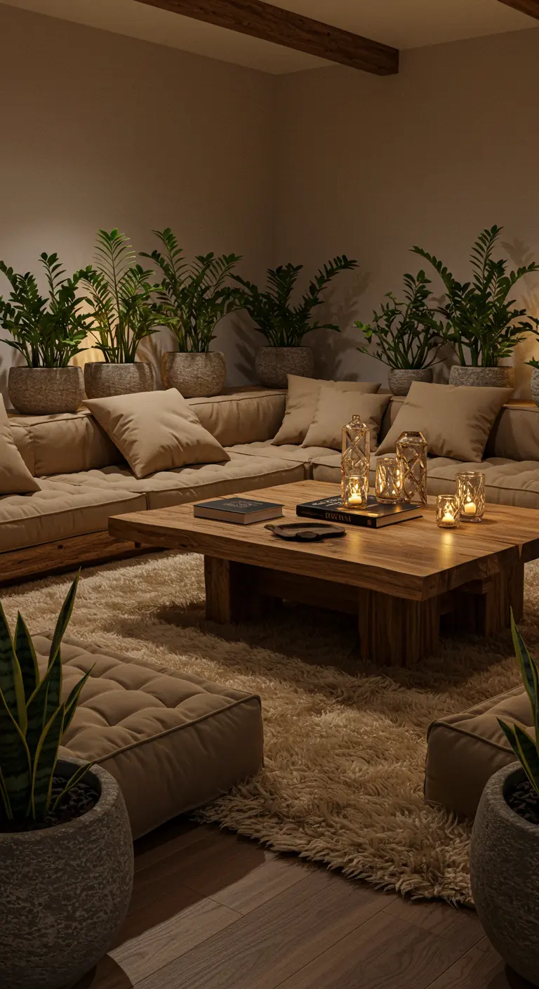 Salon de style lounge avec un canapé bas, une multitude de plantes et un éclairage aux bougies.