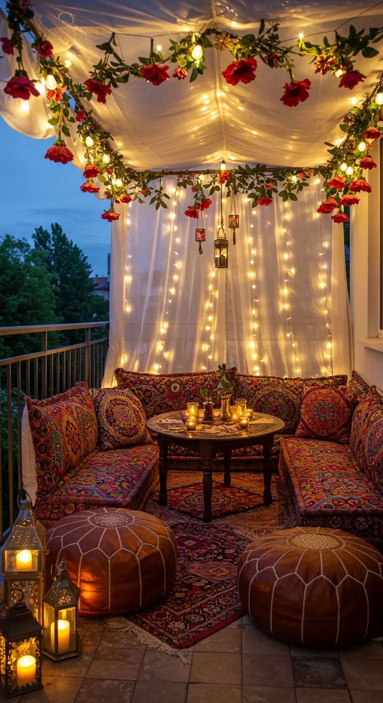 Balcon ambiance orientale avec voilage lumineux, guirlandes de fleurs, coussins colorés et poufs en cuir.