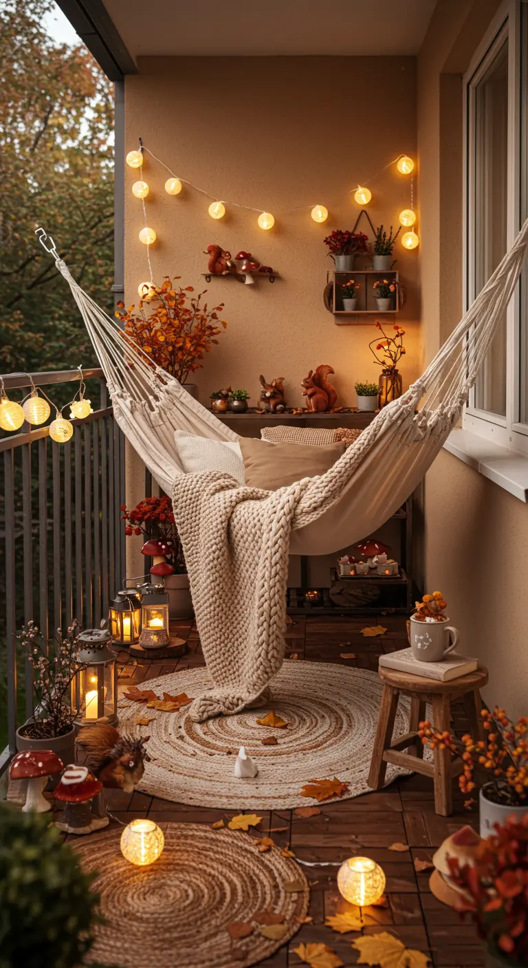 Balcon avec hamac en macramé, tapis ronds, guirlandes lumineuses, figurines d'écureuils et décor automnal.
