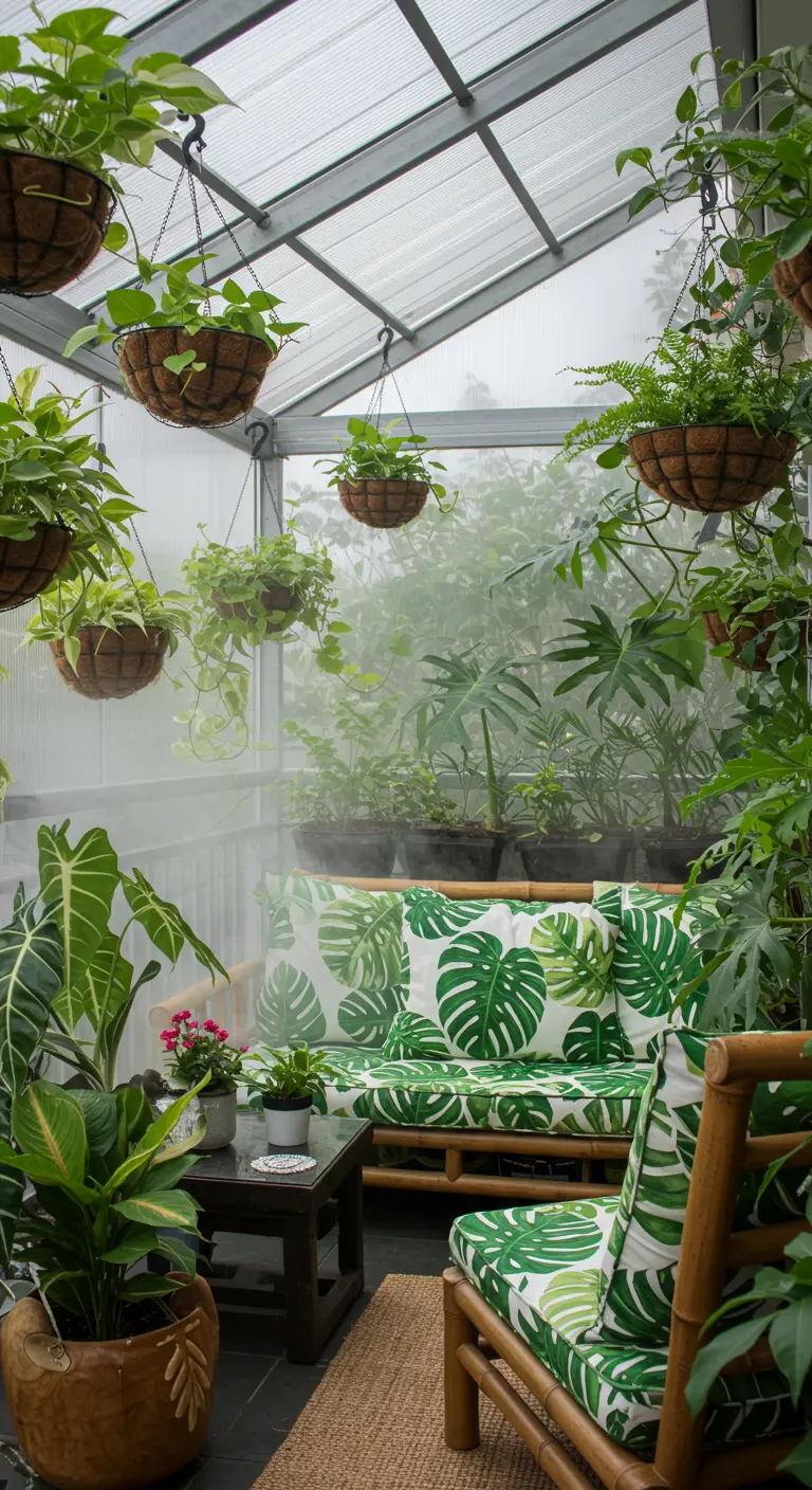 Véranda de style jungle avec un canapé à motifs de feuilles et des plantes suspendues.