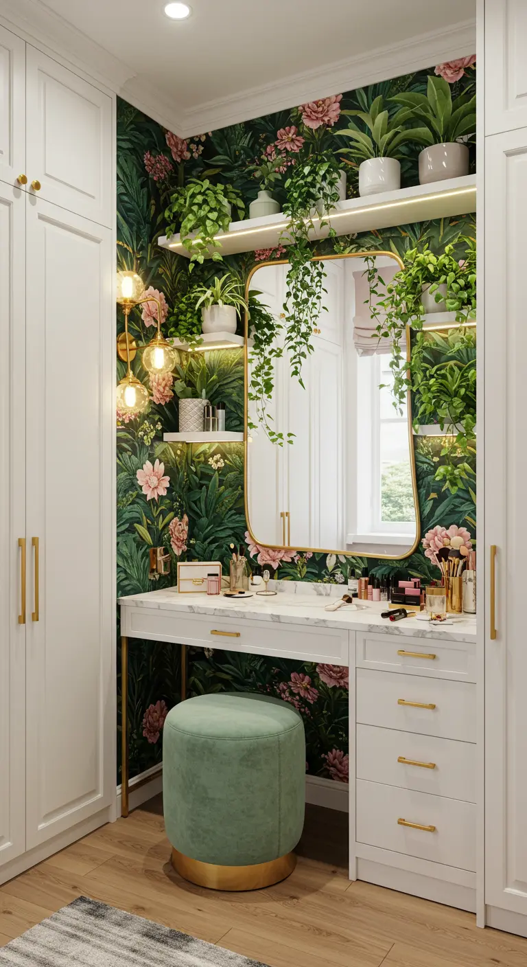 Coiffeuse blanche sur fond de papier peint tropical, étagères végétales et miroir doré.