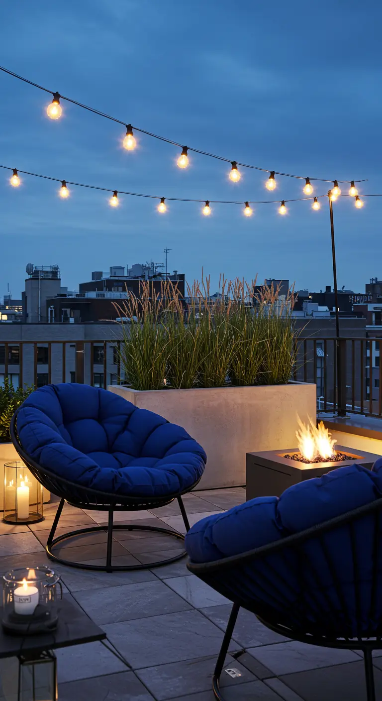 Deux fauteuils papasan bleu nuit sur une terrasse urbaine avec un foyer et des guirlandes lumineuses.