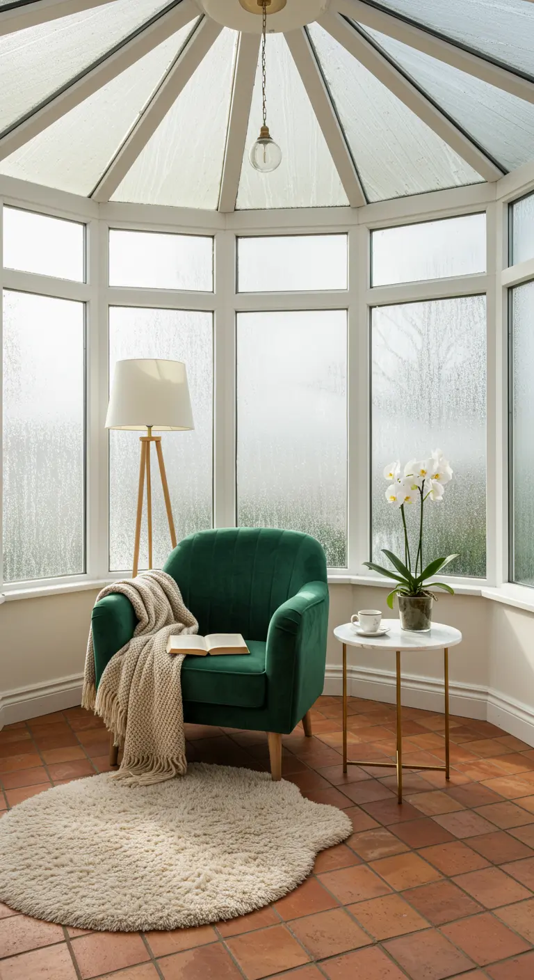Fauteuil vert velours, plaid crème, lampe trépied, table marbre, orchidée, tapis rond.
