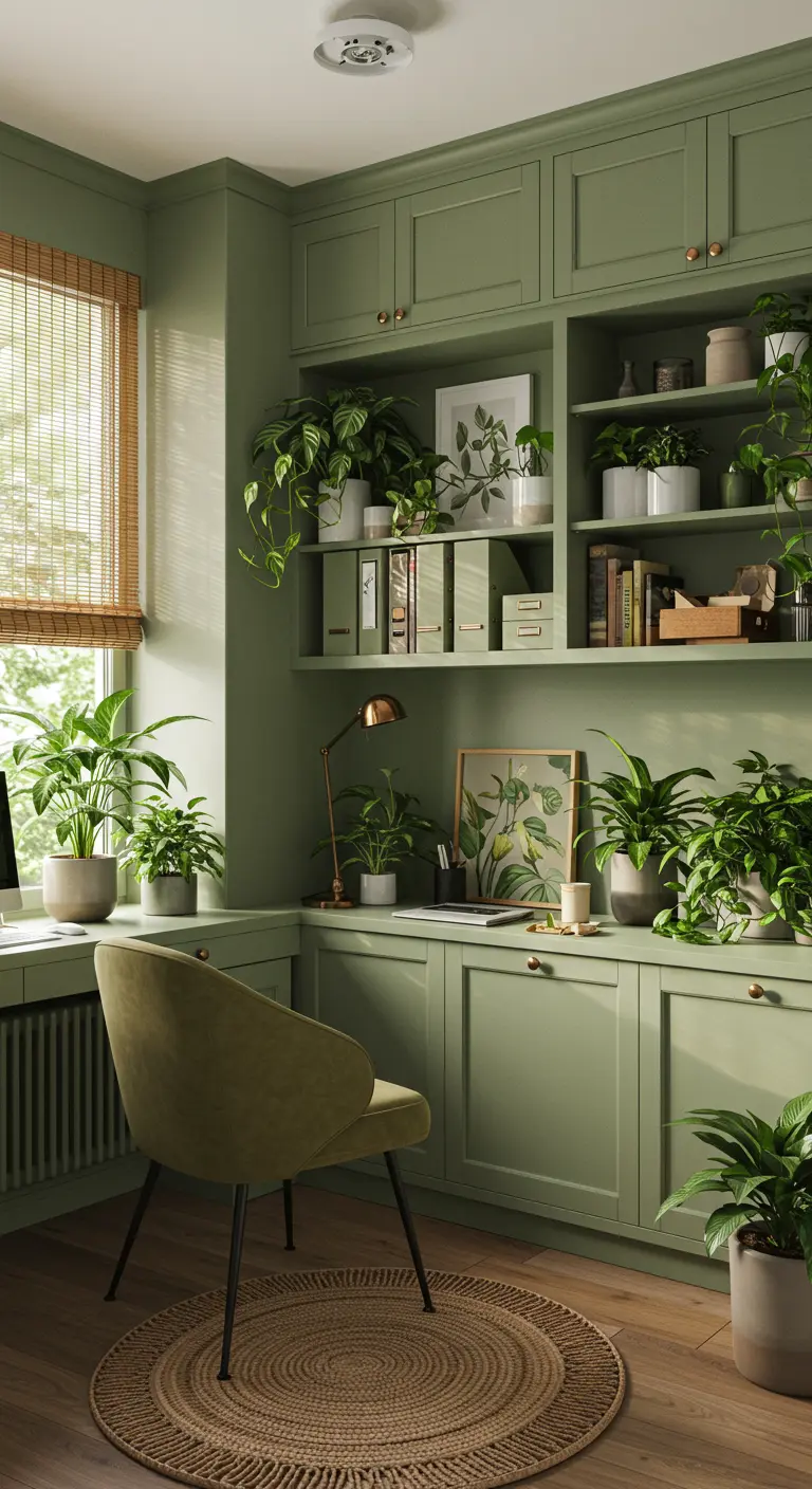 Bureau intégré vert sauge avec de nombreuses plantes vertes et une chaise en velours.