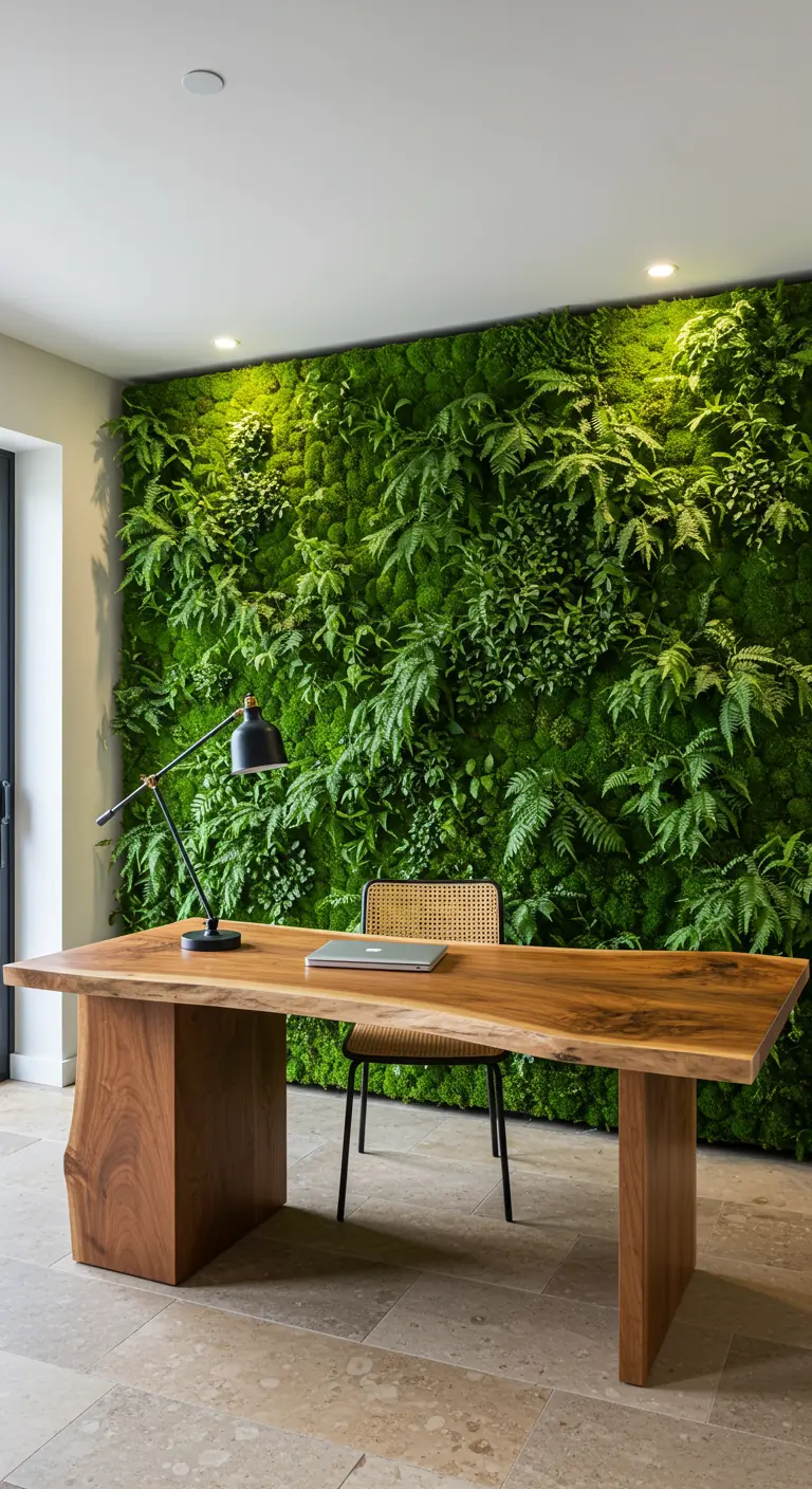 Bureau en bois massif avec un fauteuil en cannage, devant un grand mur entièrement végétalisé.