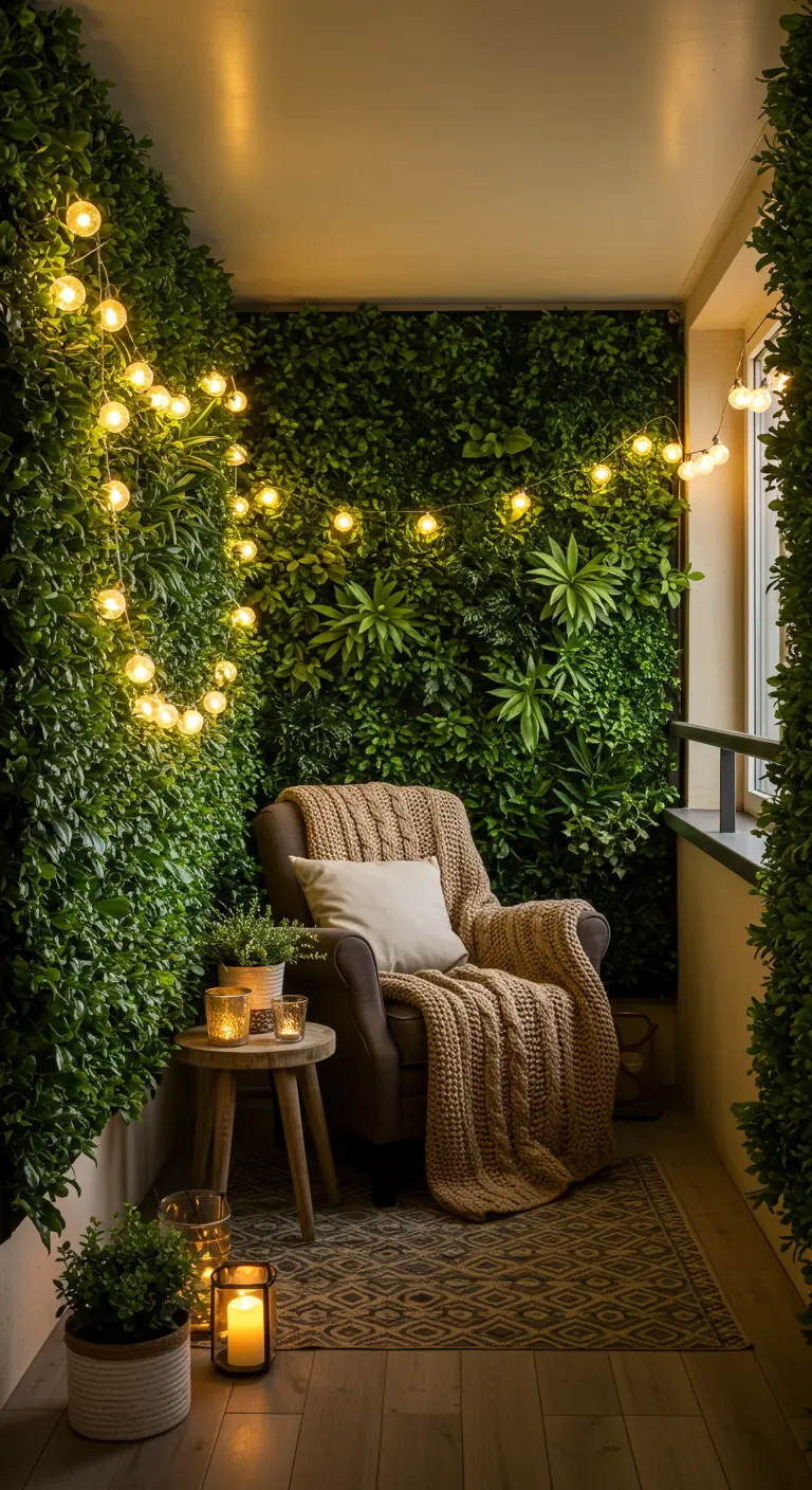 Balcon étroit avec murs végétaux, fauteuil confortable, plaid et guirlandes lumineuses.