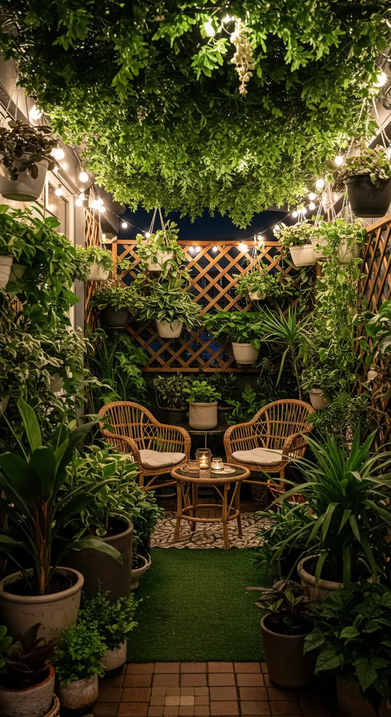 Petit balcon transformé en jungle luxuriante avec de nombreuses plantes en pot et suspendues.