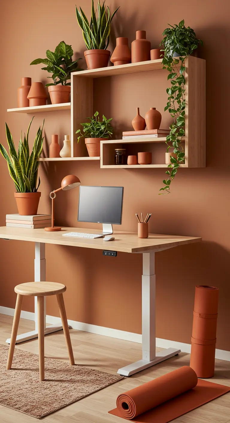 Bureau assis-debout en bois clair devant un mur terracotta, avec des étagères et des plantes.