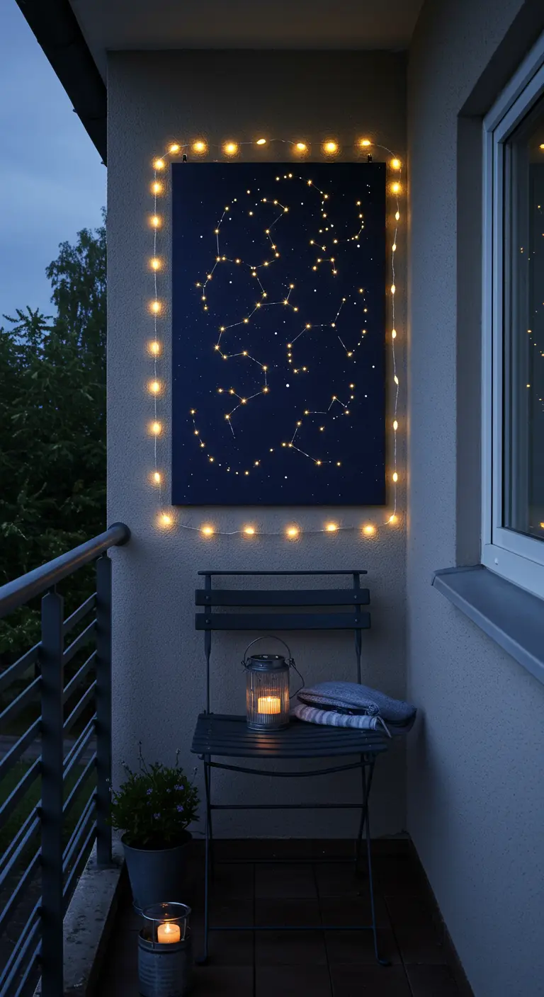Tableau représentant des constellations, accroché au mur d'un balcon et encadré de lumières.