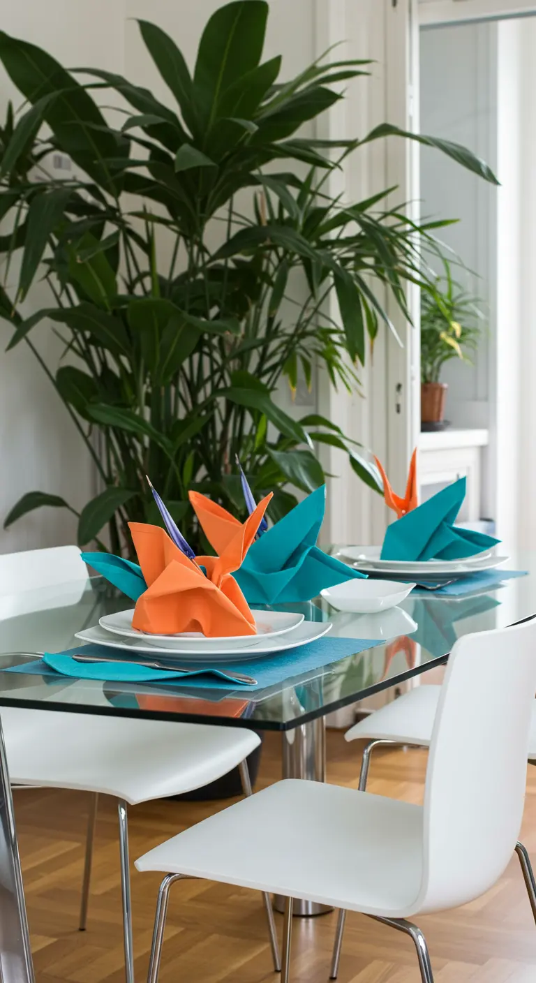 Serviettes orange et turquoise pliées en forme d'oiseau de paradis sur une table en verre.