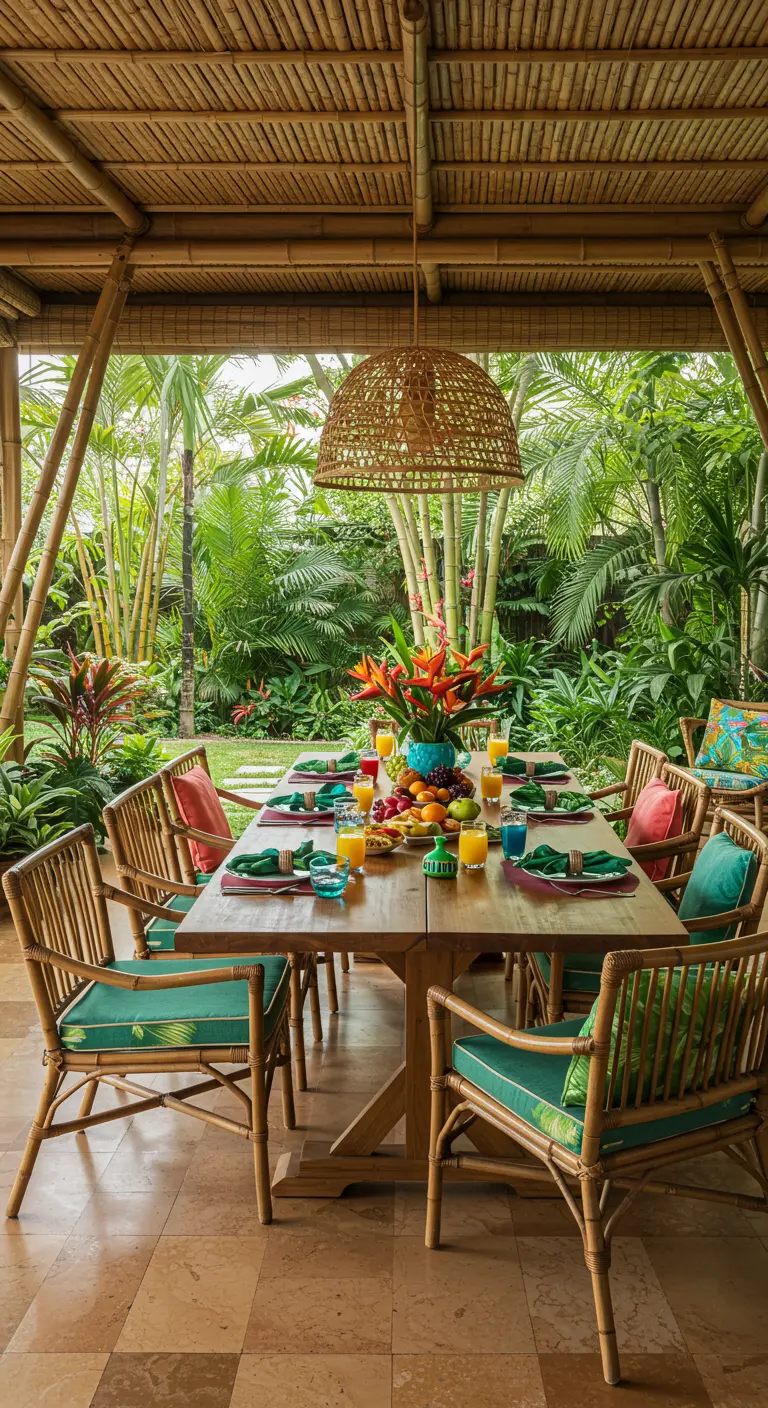Serviette pliée en oiseau de paradis sur table tropicale en bambou