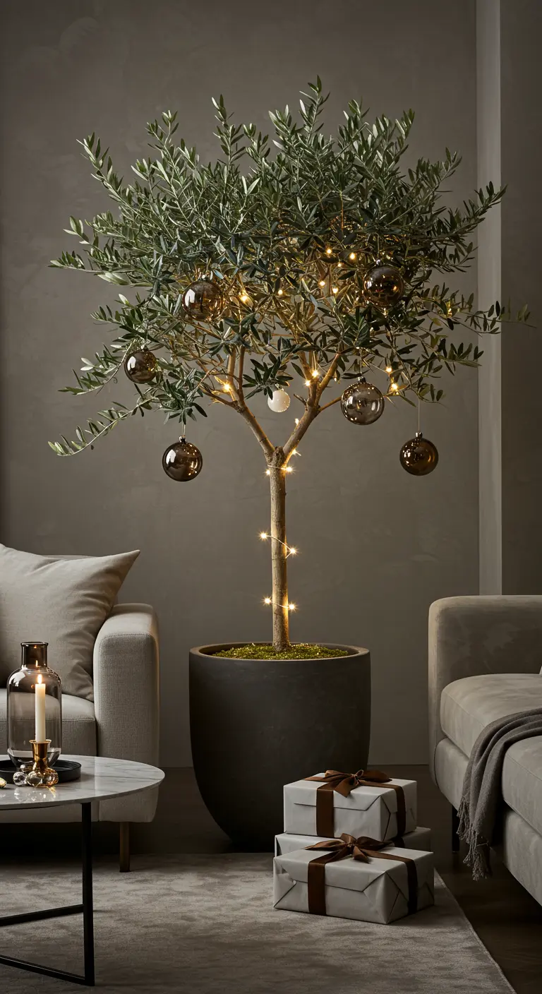 Olivier en pot décoré pour Noël avec une guirlande lumineuse et des boules sombres.