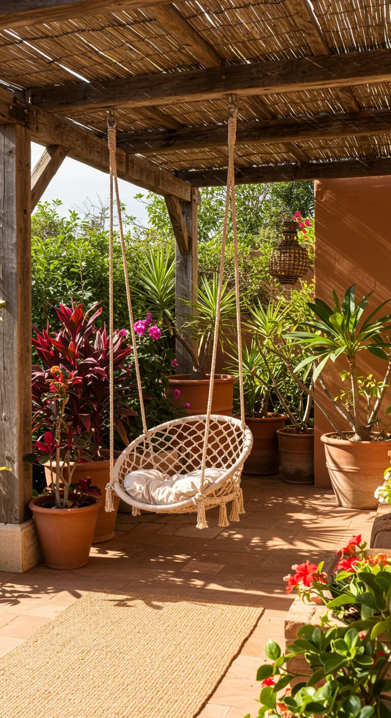 Chaise suspendue en macramé sous une pergola en bois avec plantes tropicales en pots.