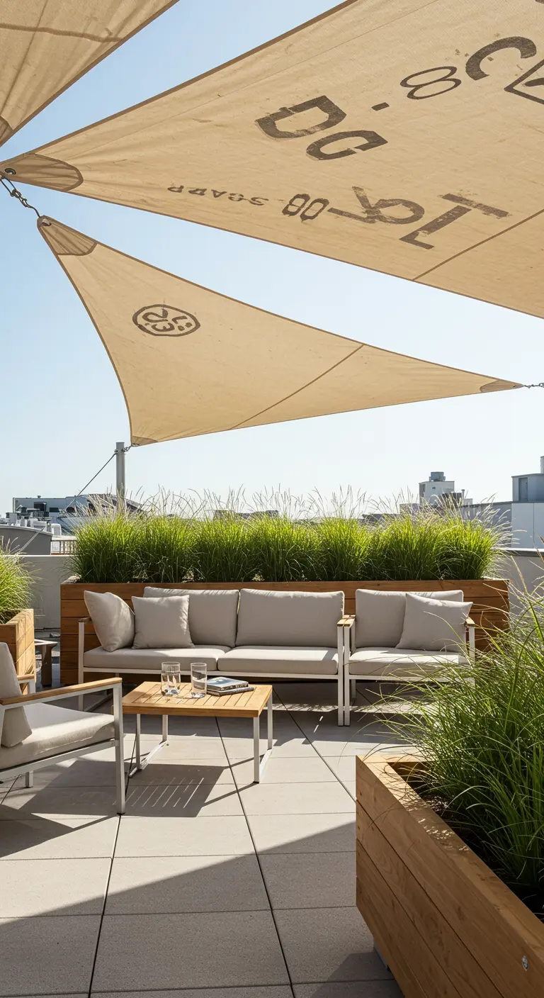 Voiles d'ombrage en toile tendues au-dessus d'un salon de jardin sur un toit