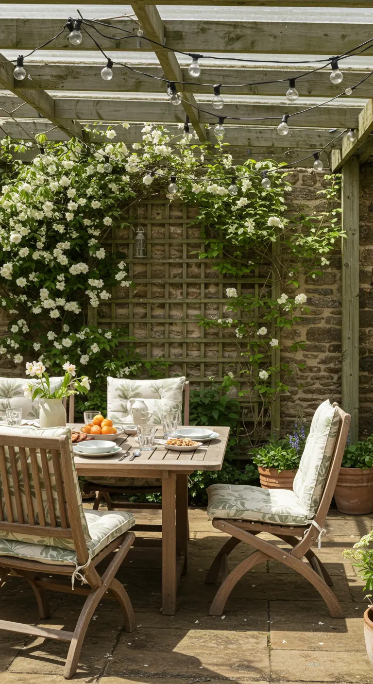 Table à manger sous une pergola en bois recouverte de rosiers blancs.