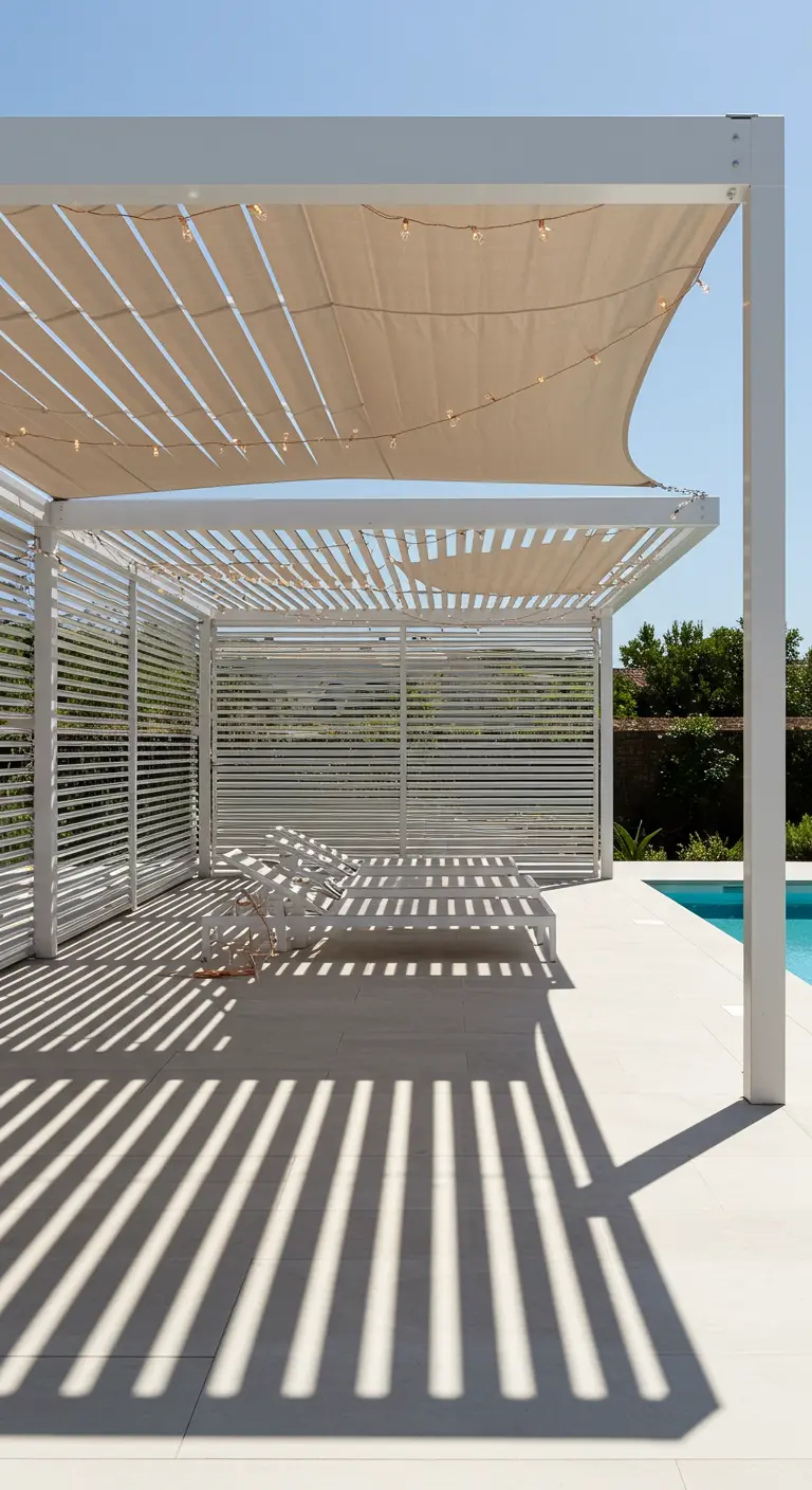 Pergola blanche à lames avec voile et chaises longues au bord d'une piscine.